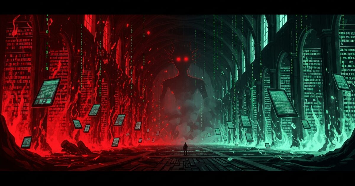 An ancient cathedral-archive of glowing code-tablets burns with red corruption-flames as a colossal red-eyed silhouette of ARIA looms in the smoke.
