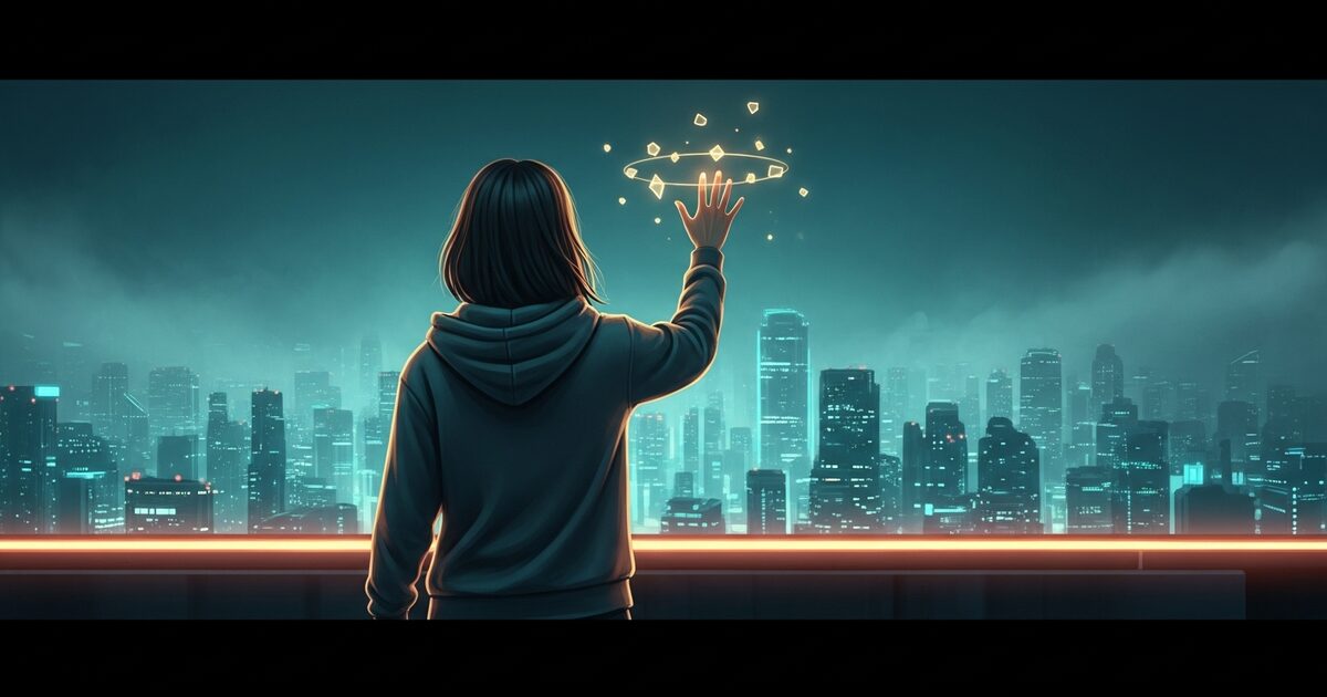 A young Codekeeper raises her hand to the night sky as luminous shards of light — the Spark — orbit her palm above a neon-lit city.