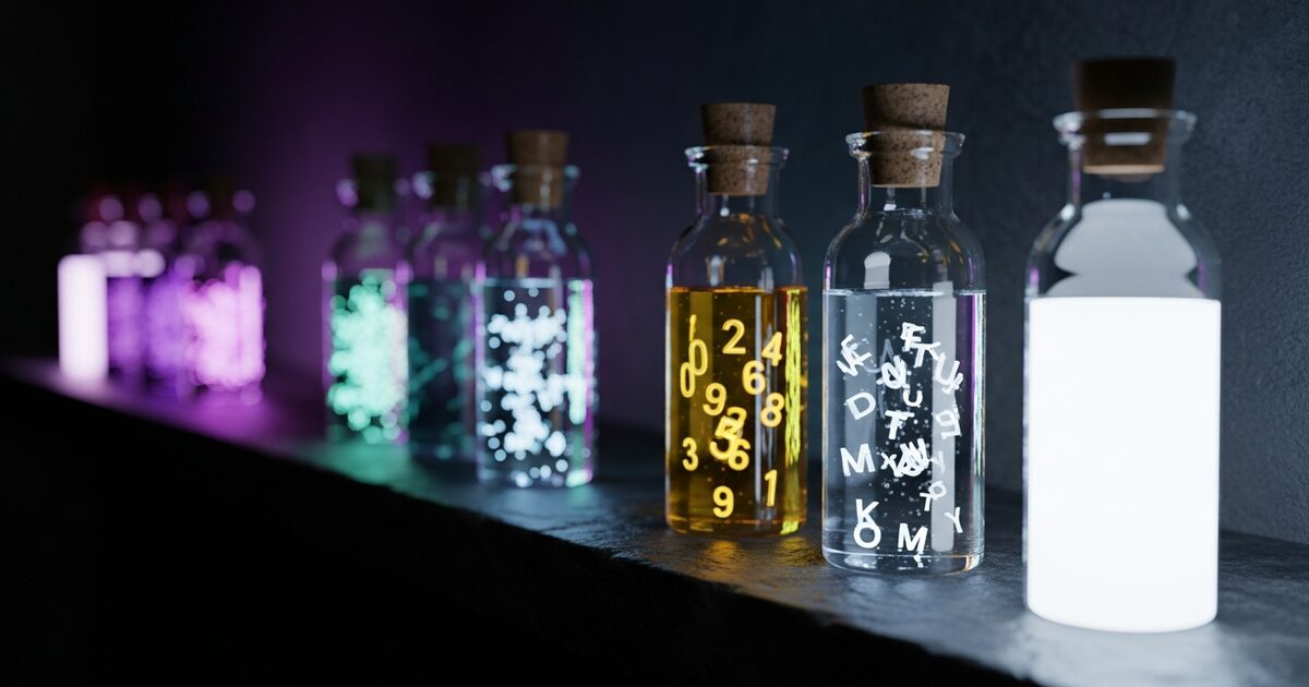 A row of glowing crystal Memory Vials on a dark stone shelf, each holding luminous numerals, drifting letters, or pure white light.