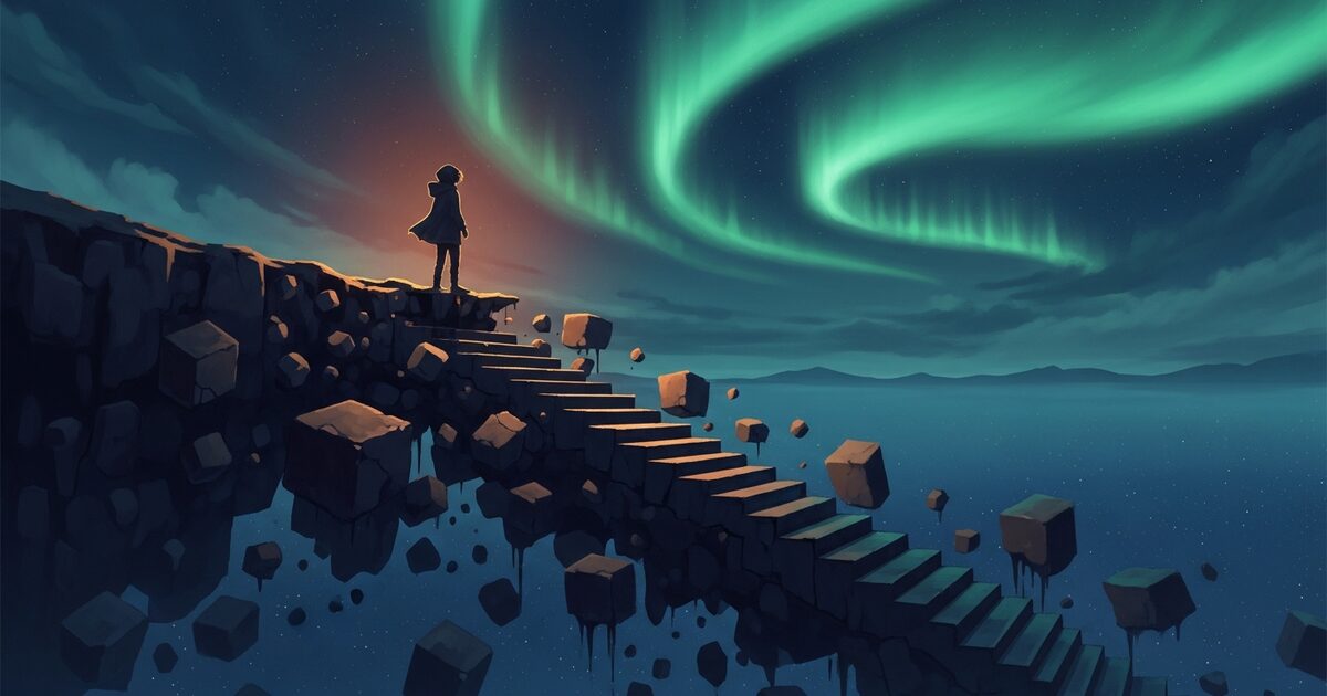 A lone hooded figure stands at the edge of a crumbling staircase of broken code-blocks beneath an emerald aurora — the Recursion Prophecy.